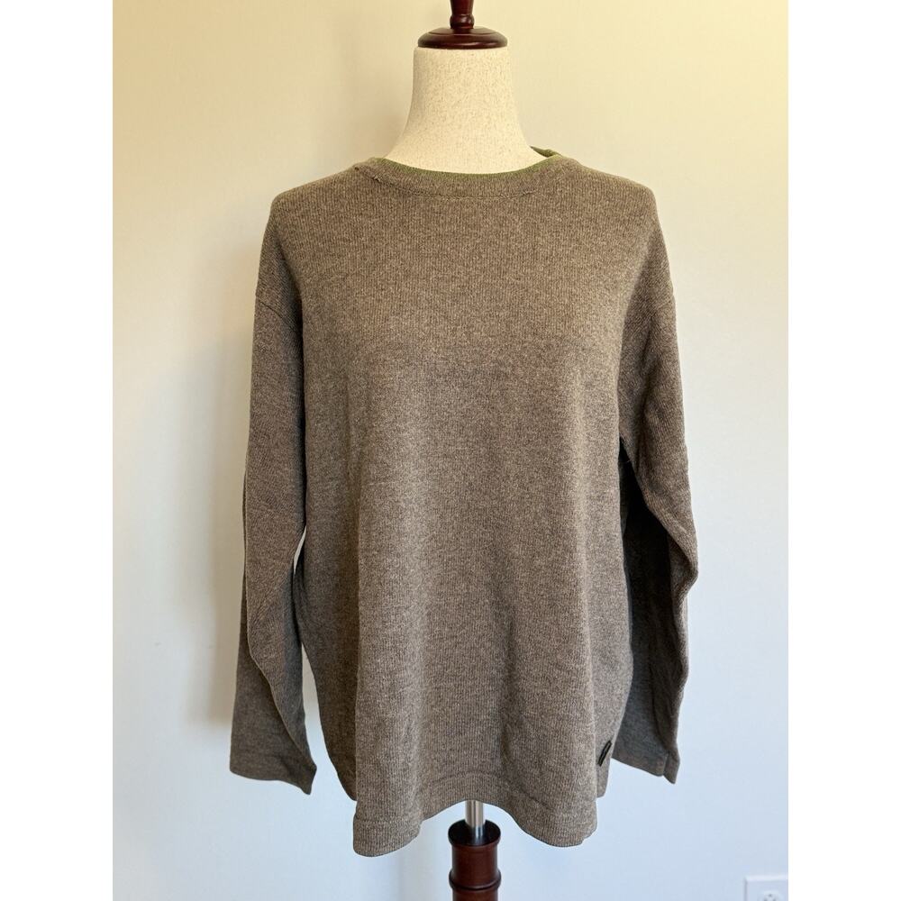Woolrich Mens Sweater Brown- Green Trim L Lambs Wool Blend Crew Neck Pullover